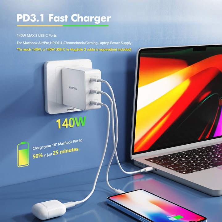 140W PD 3.1 GaN Charger-3 Ports USB C Adapter-Yoocas